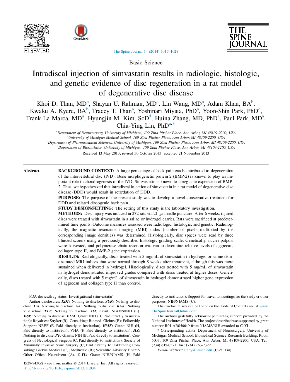 تزریق داخل تراشه سیمواستاتین موجب بروز رادیولوژیک، بافتشناسی و ژنتیک در بازسازی دیسک در یک مدل رت از بیماری دیسک دژنراتیو می شود 