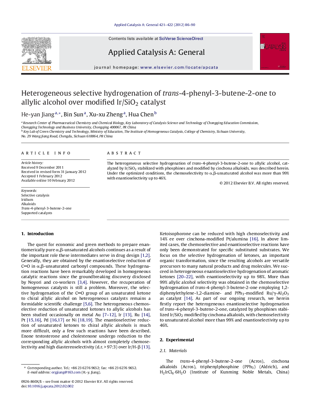 Heterogeneous selective hydrogenation of trans-4-phenyl-3-butene-2-one to allylic alcohol over modified Ir/SiO2 catalyst