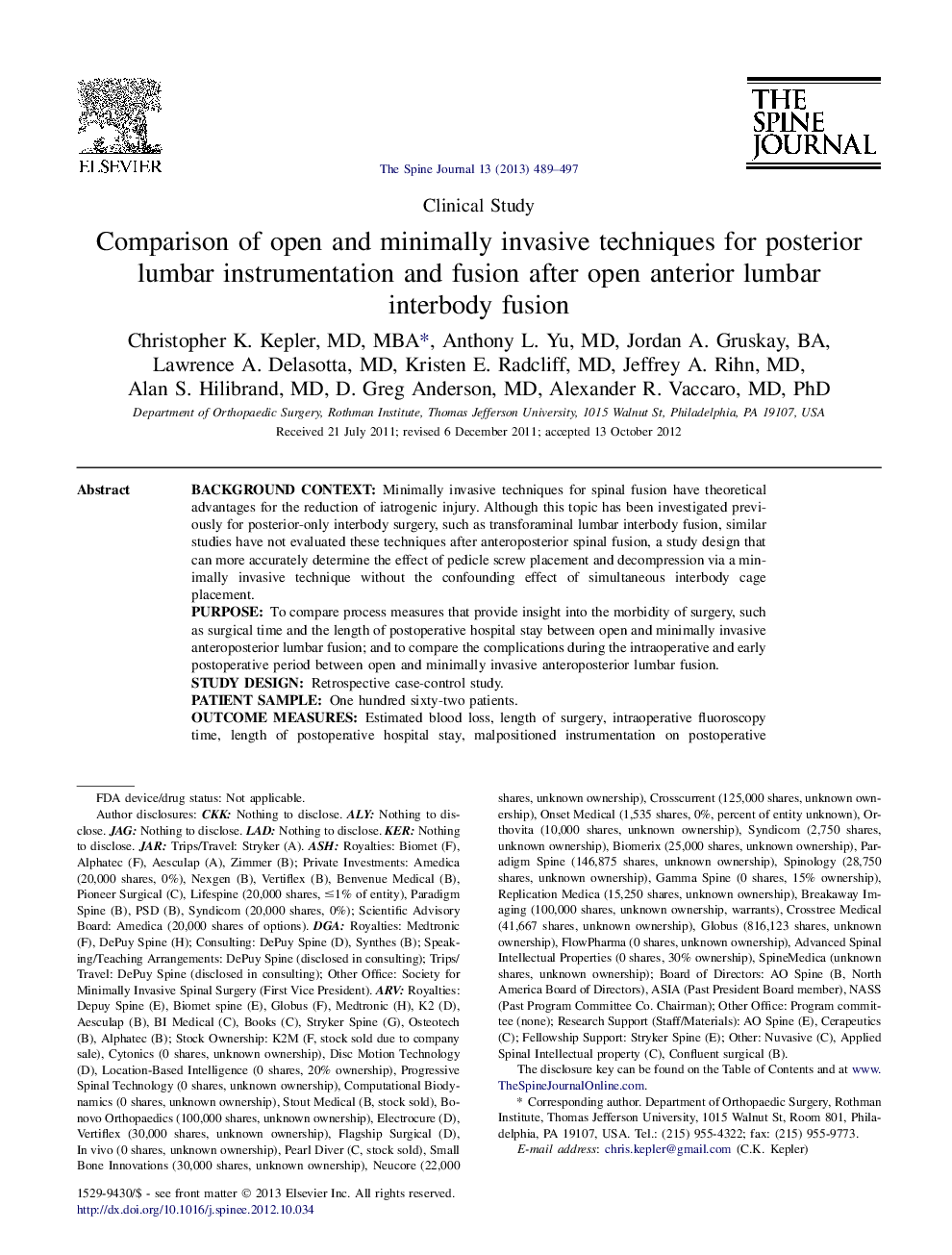 Comparison of open and minimally invasive techniques for posterior lumbar instrumentation and fusion after open anterior lumbar interbody fusion 