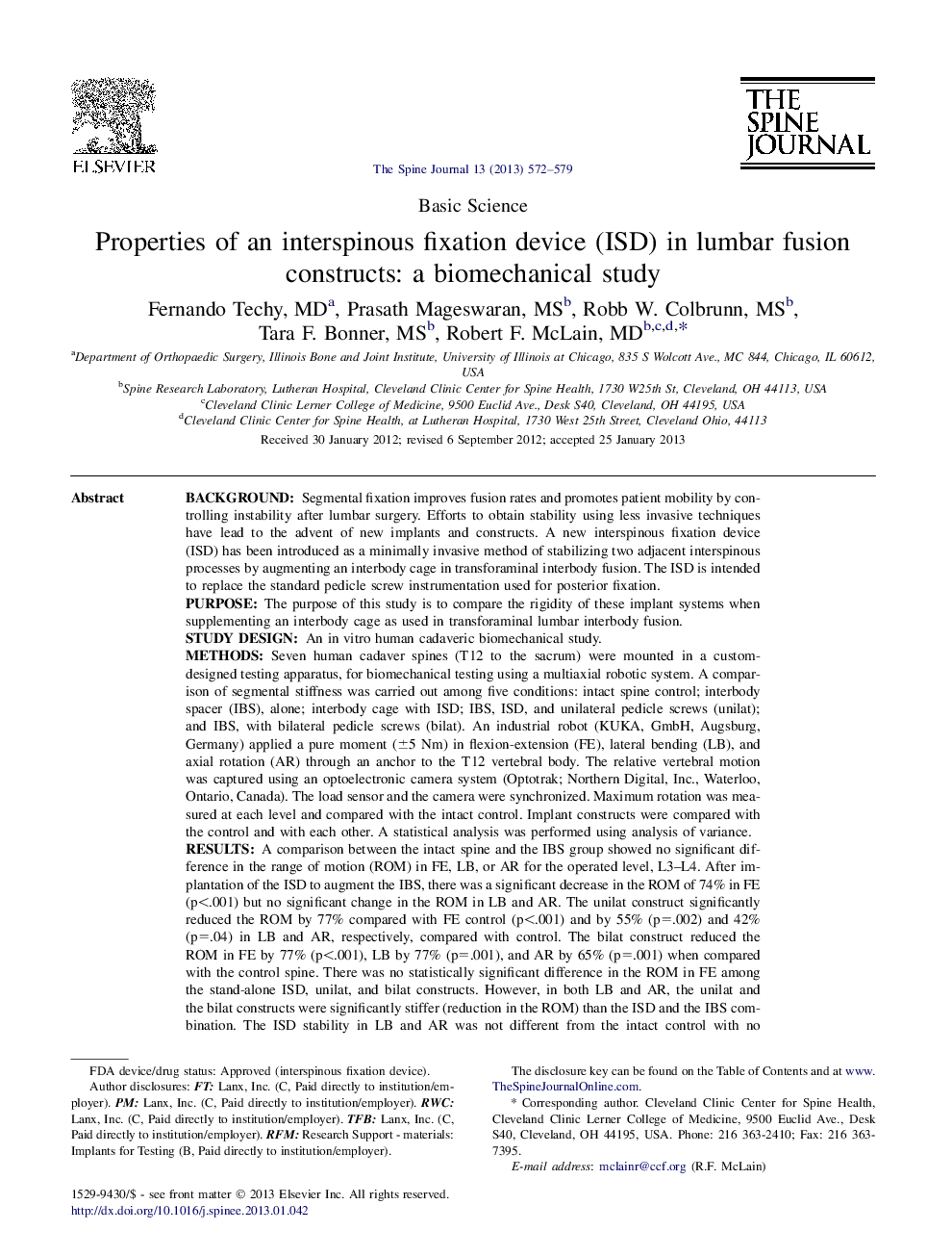 Properties of an interspinous fixation device (ISD) in lumbar fusion constructs: a biomechanical study 