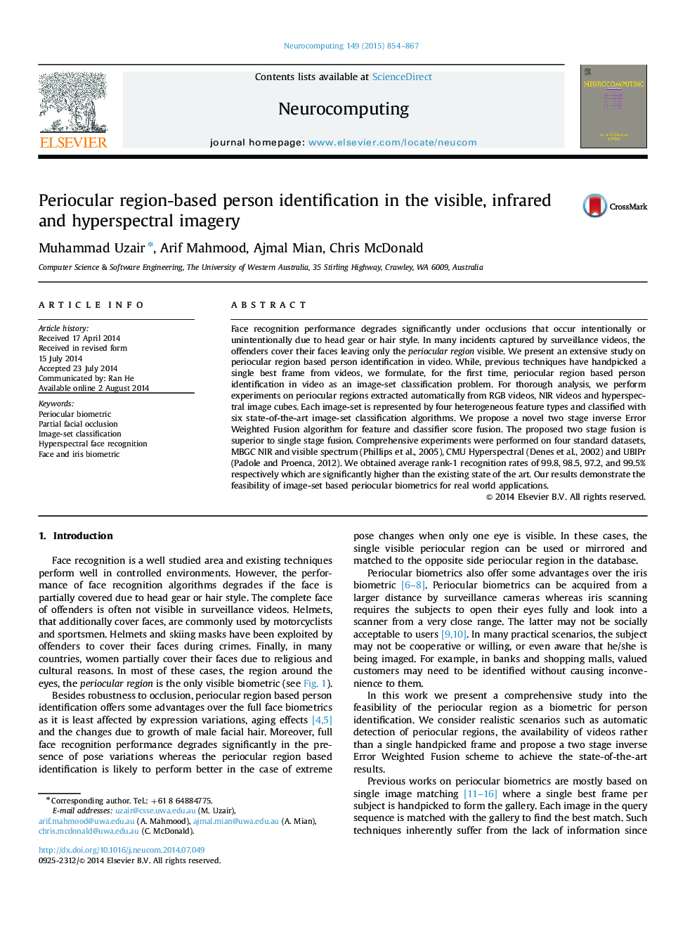 Periocular region-based person identification in the visible, infrared and hyperspectral imagery