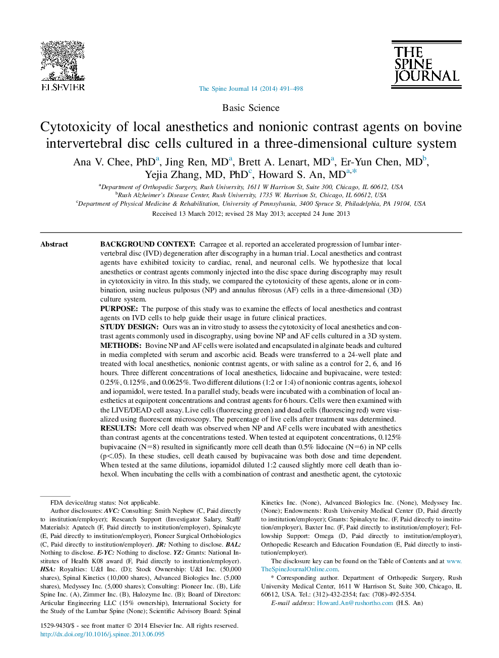 Cytotoxicity of local anesthetics and nonionic contrast agents on bovine intervertebral disc cells cultured in a three-dimensional culture system 