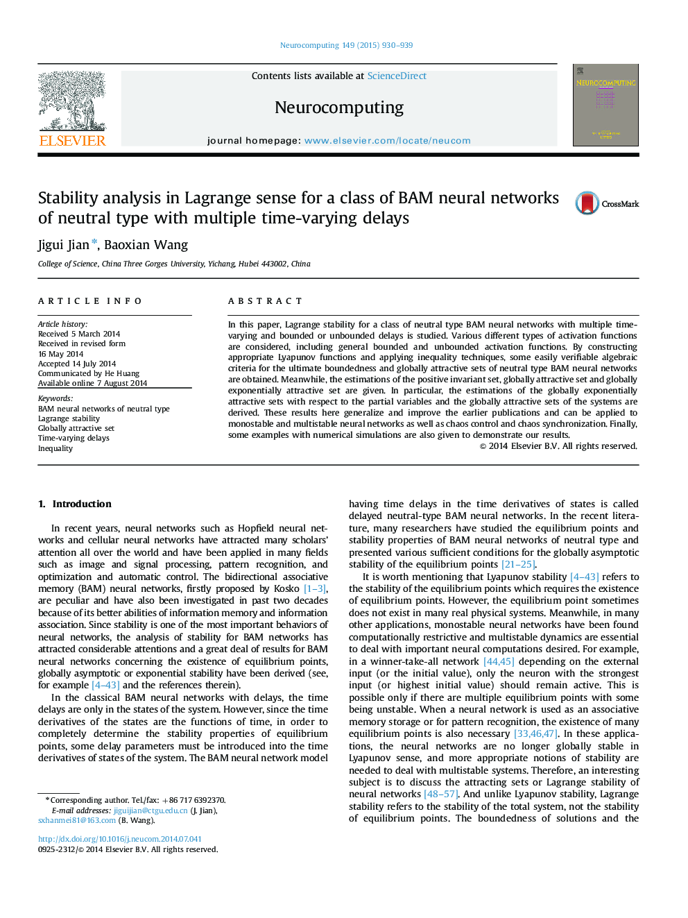 Stability analysis in Lagrange sense for a class of BAM neural networks of neutral type with multiple time-varying delays