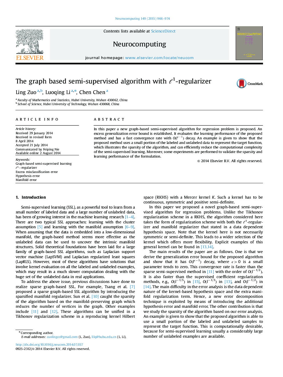 The graph based semi-supervised algorithm with ℓ1-regularizer