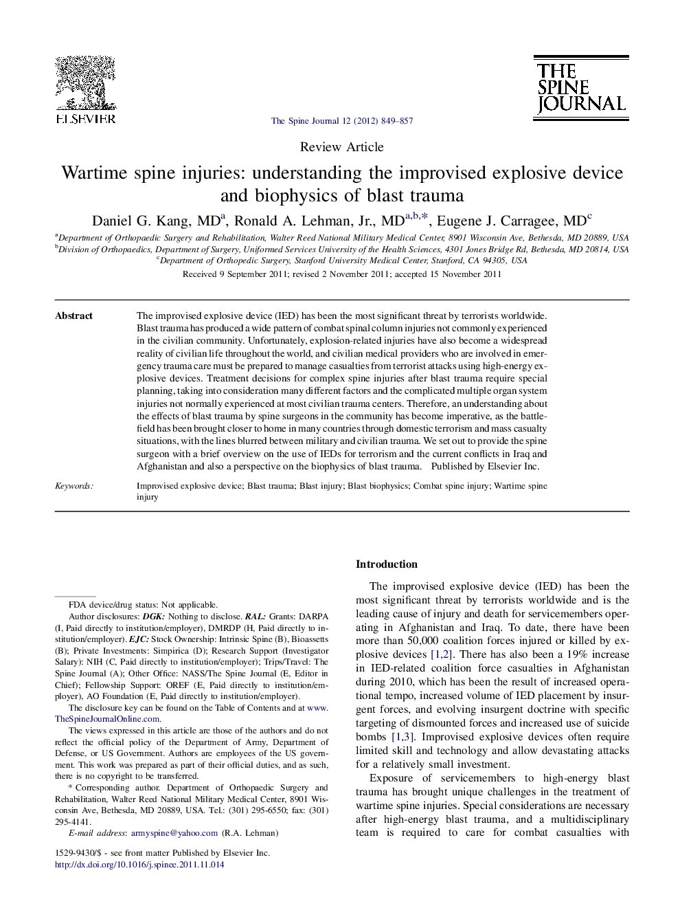 Wartime spine injuries: understanding the improvised explosive device and biophysics of blast trauma 