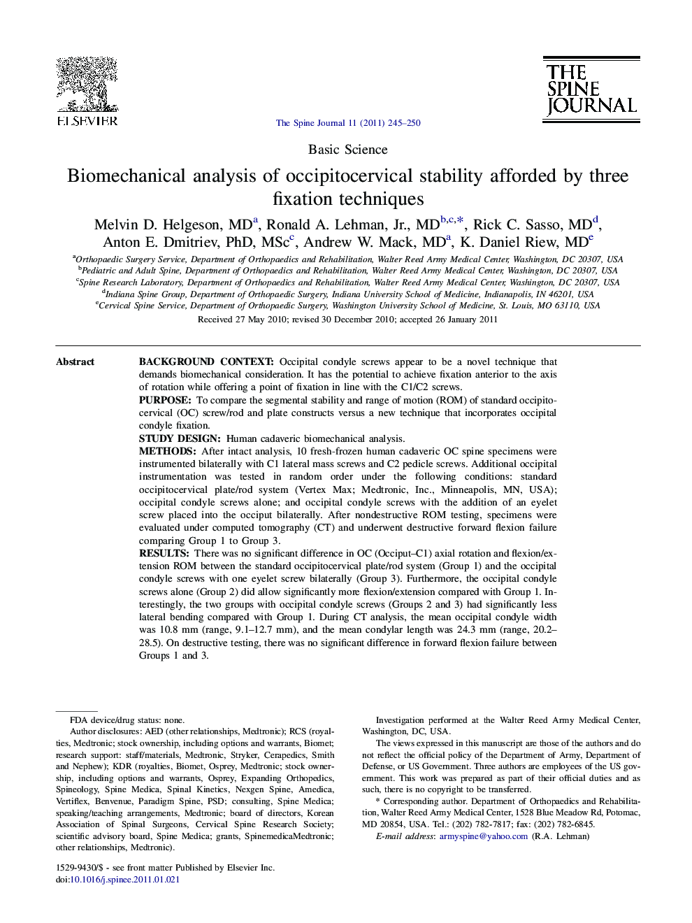 Biomechanical analysis of occipitocervical stability afforded by three fixation techniques 