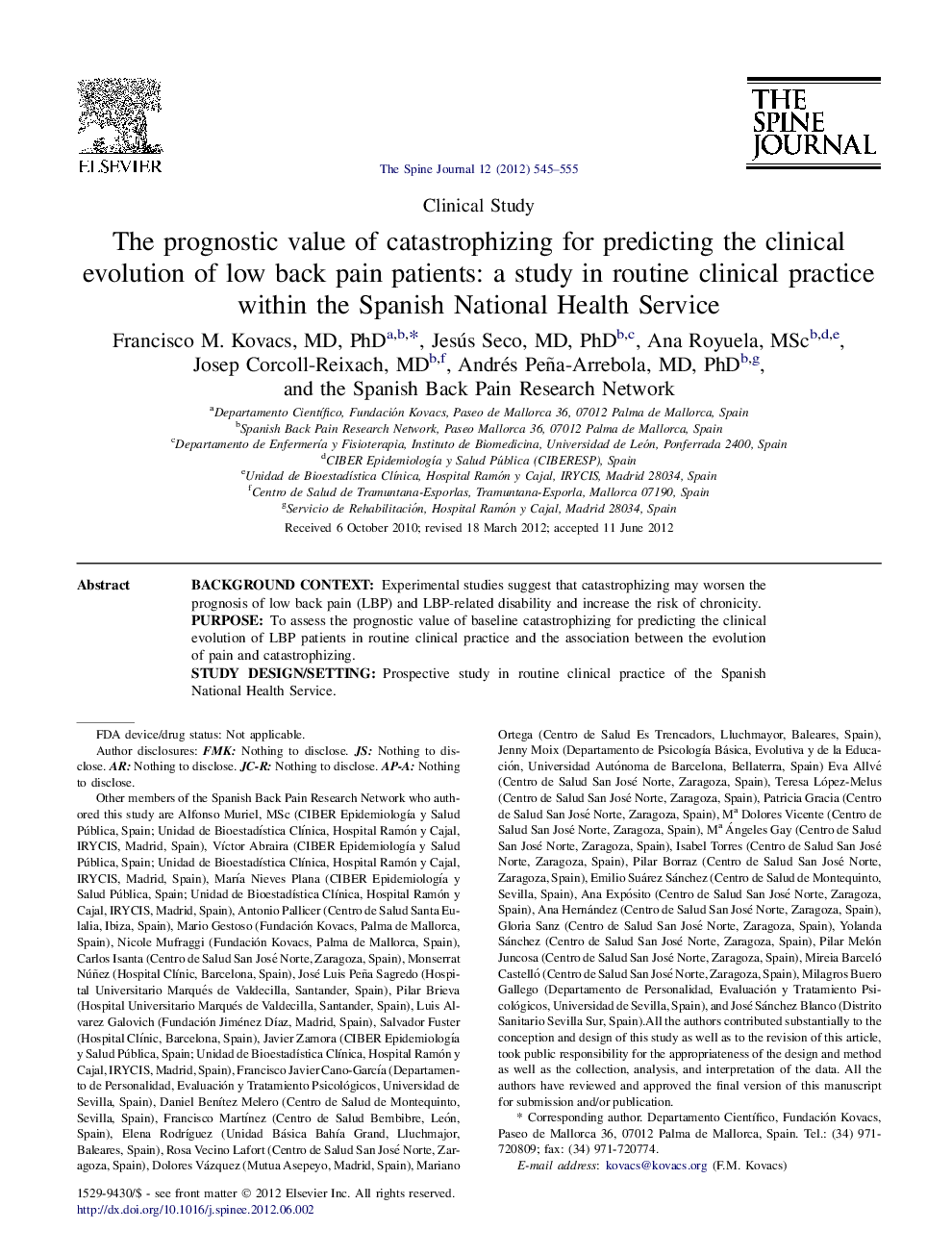 The prognostic value of catastrophizing for predicting the clinical evolution of low back pain patients: a study in routine clinical practice within the Spanish National Health Service 