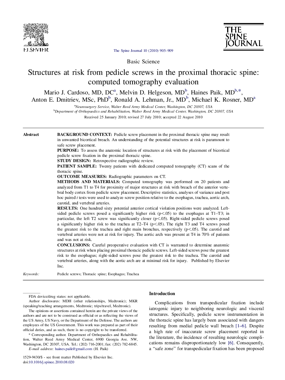 Structures at risk from pedicle screws in the proximal thoracic spine: computed tomography evaluation 