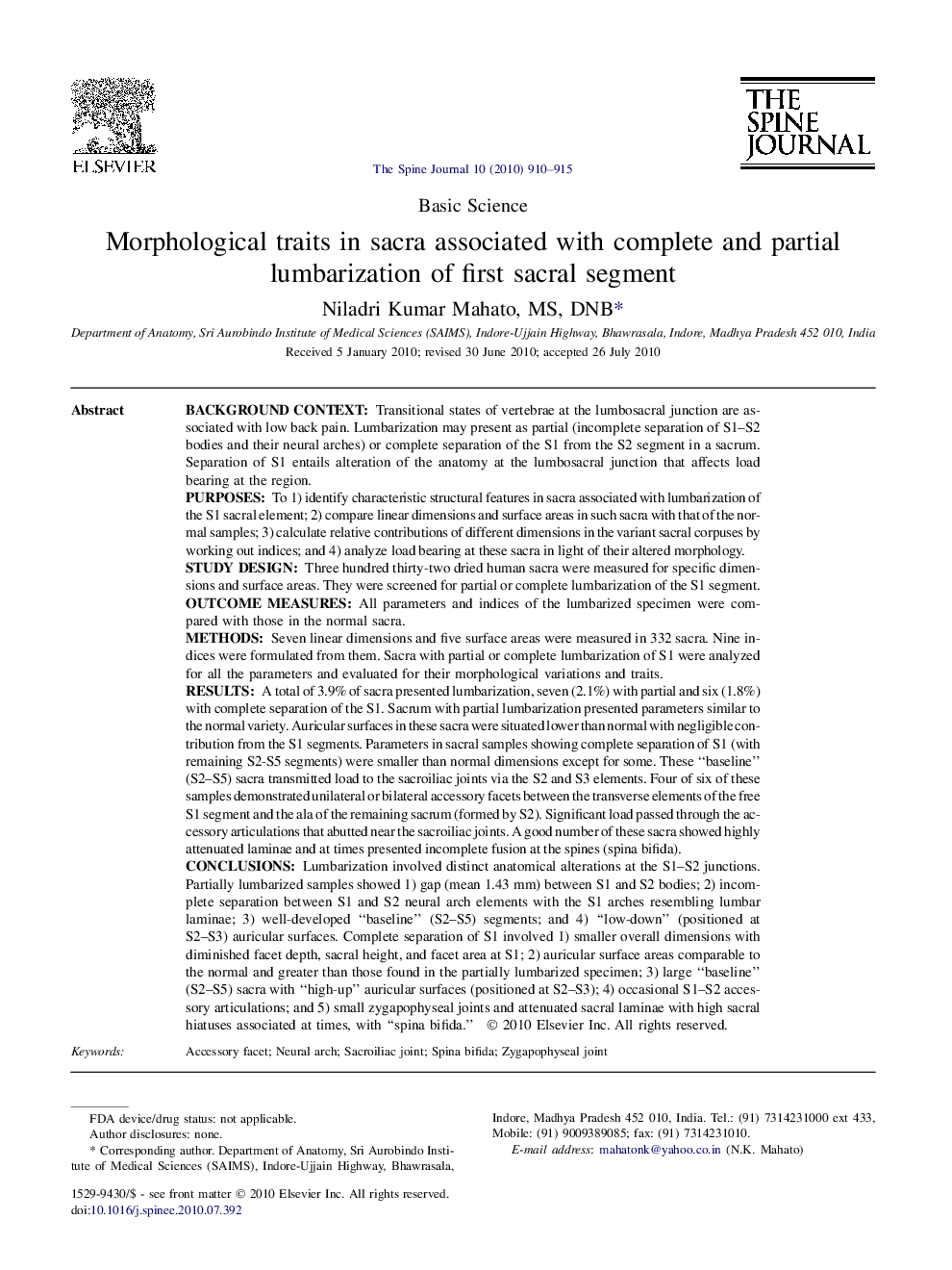 Morphological traits in sacra associated with complete and partial lumbarization of first sacral segment 