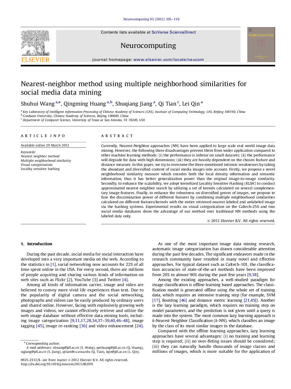 Nearest-neighbor method using multiple neighborhood similarities for social media data mining