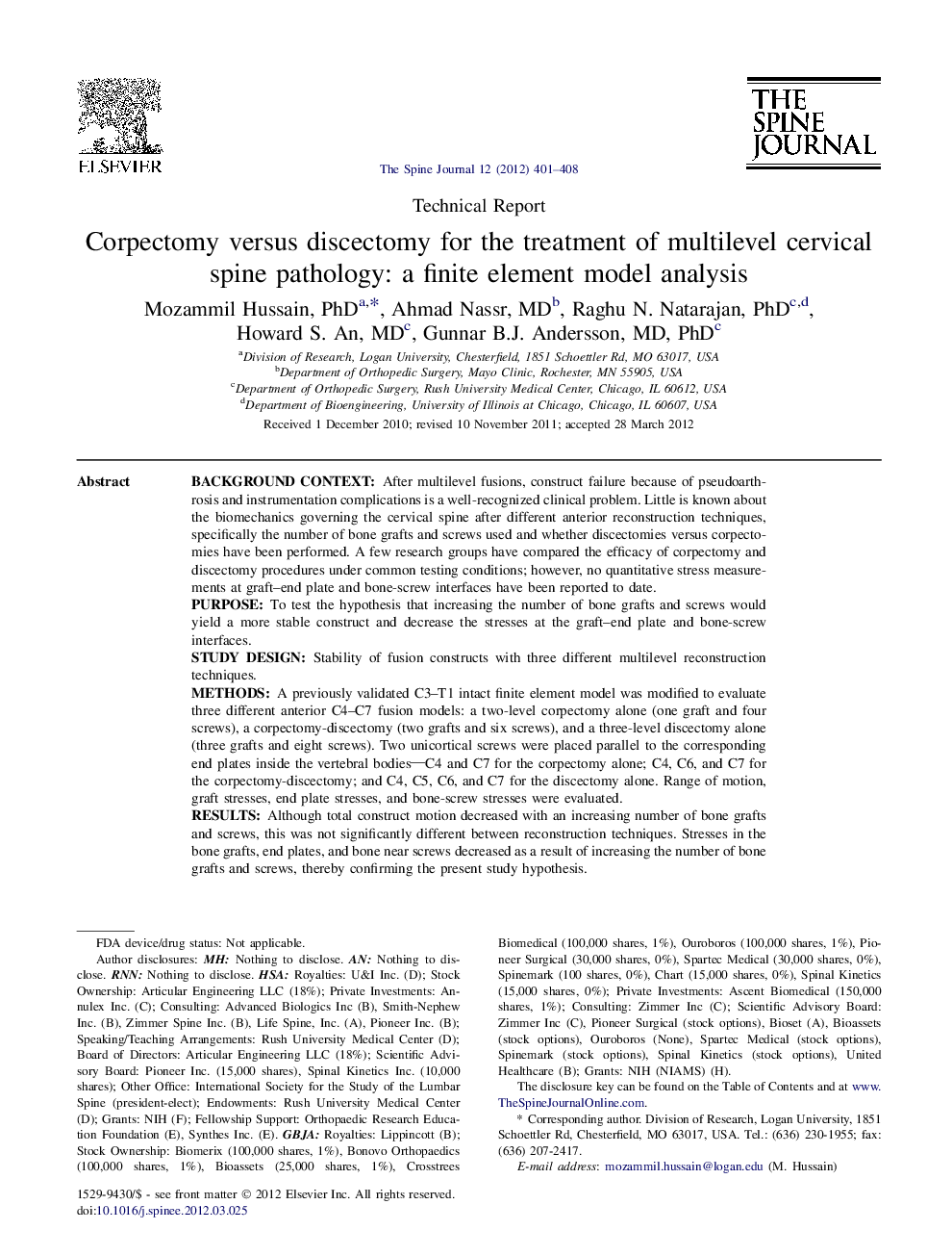 Corpectomy versus discectomy for the treatment of multilevel cervical spine pathology: a finite element model analysis 