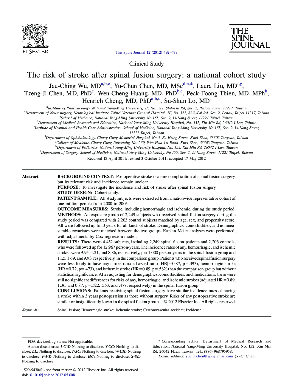 The risk of stroke after spinal fusion surgery: a national cohort study 