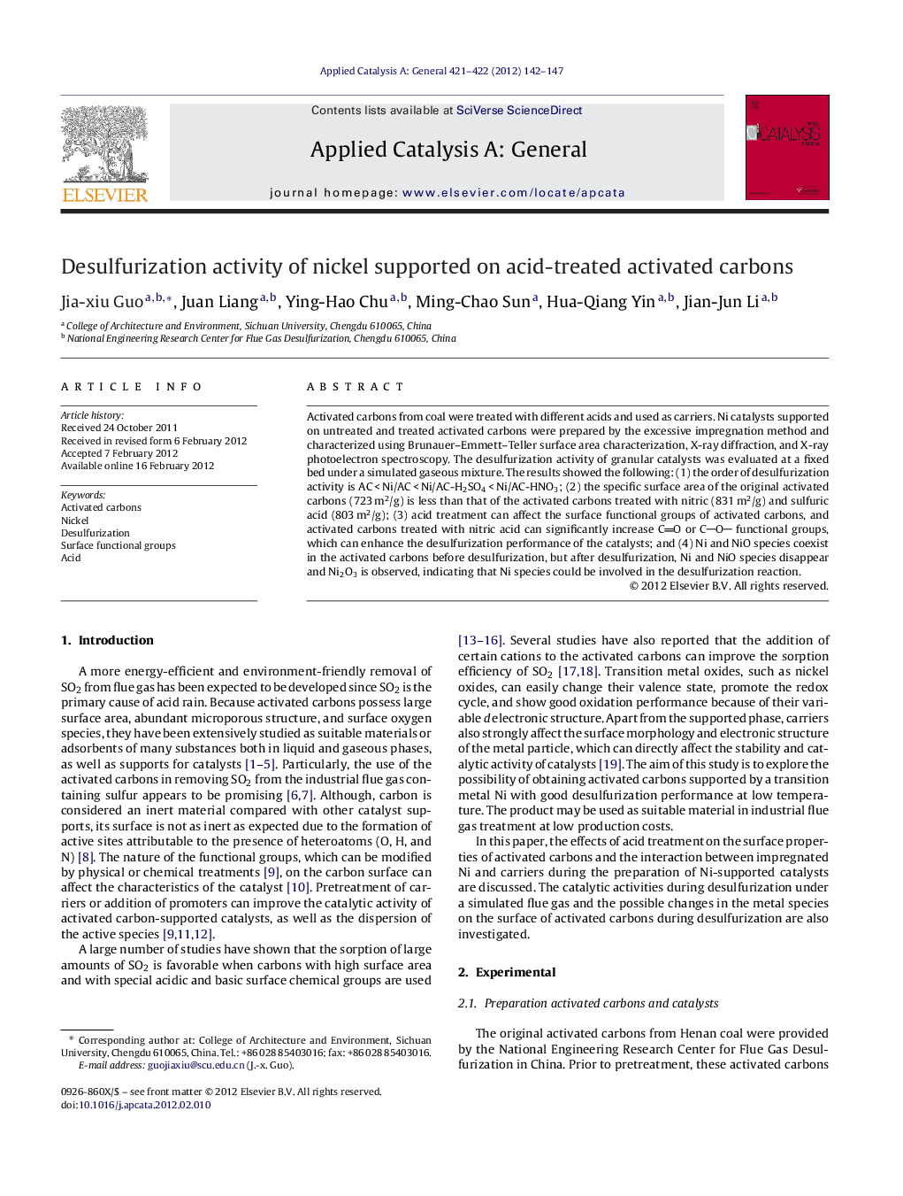 Desulfurization activity of nickel supported on acid-treated activated carbons