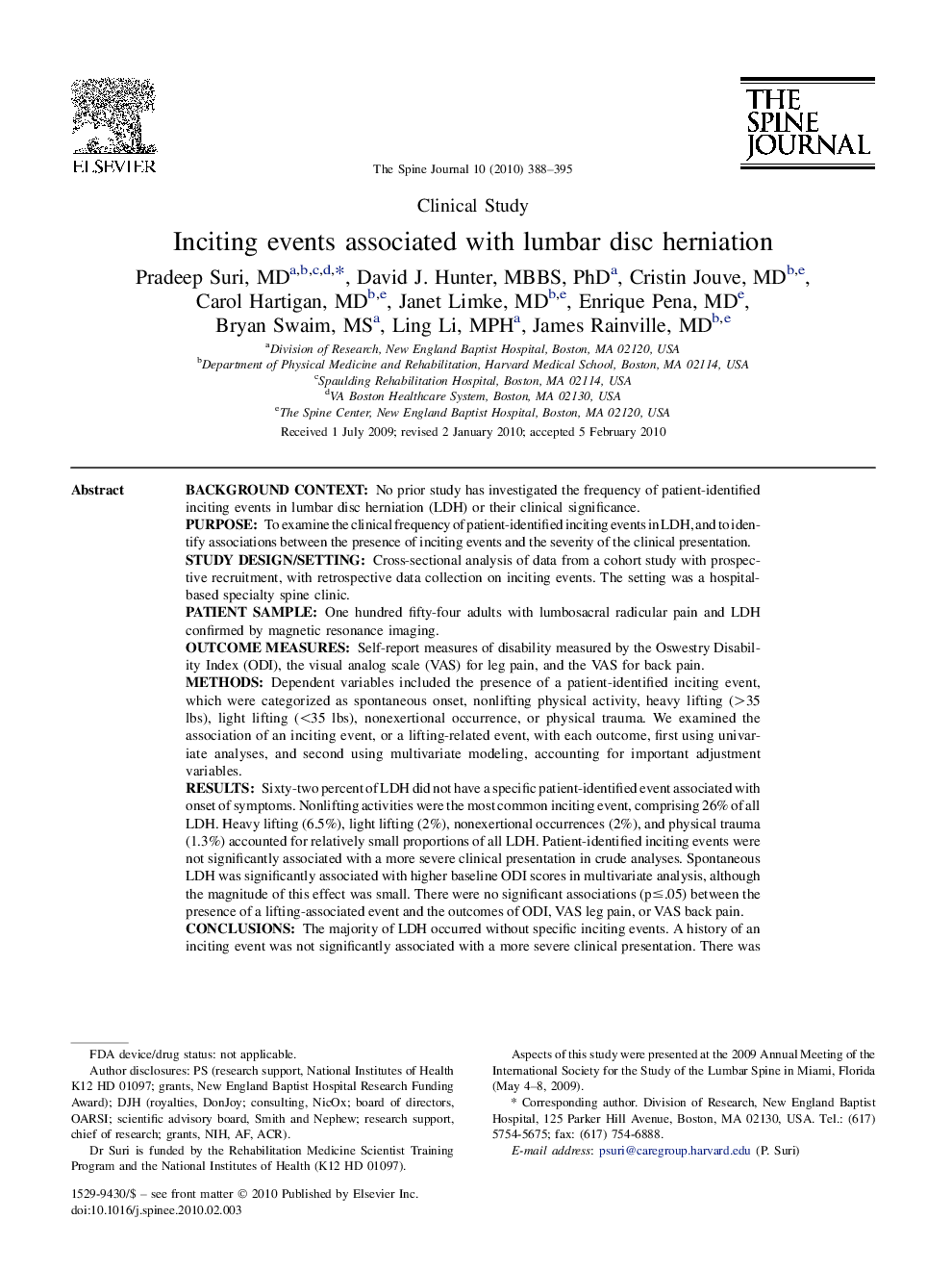 Inciting events associated with lumbar disc herniation 