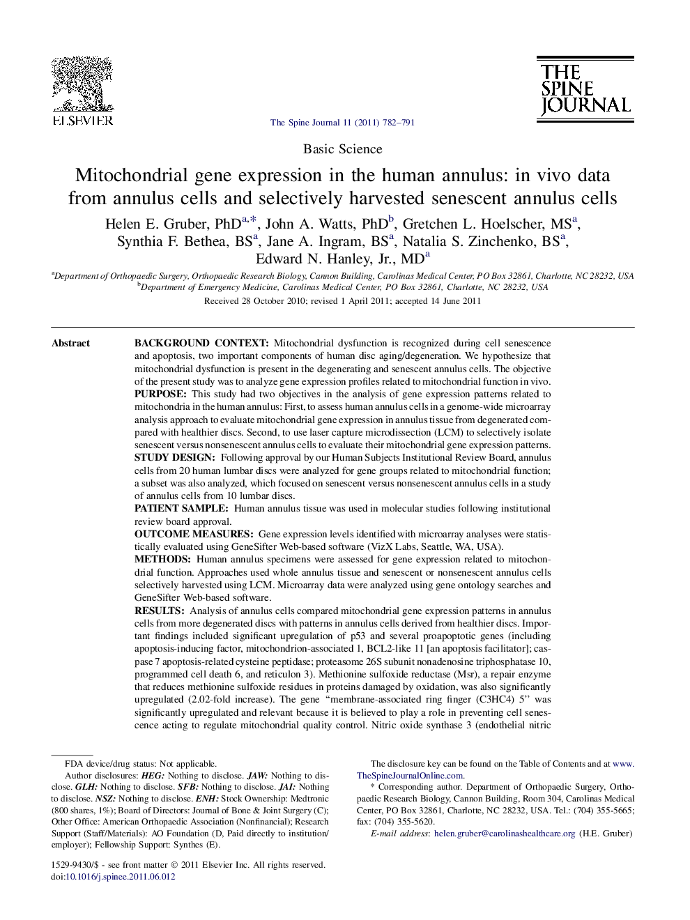 Mitochondrial gene expression in the human annulus: in vivo data from annulus cells and selectively harvested senescent annulus cells 