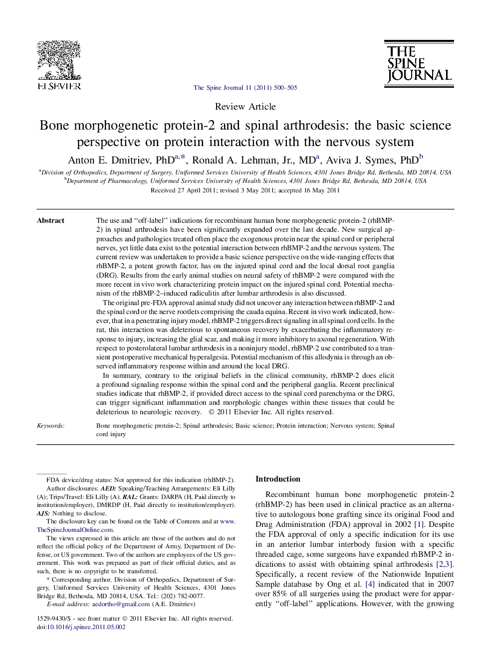 Bone morphogenetic protein-2 and spinal arthrodesis: the basic science perspective on protein interaction with the nervous system 