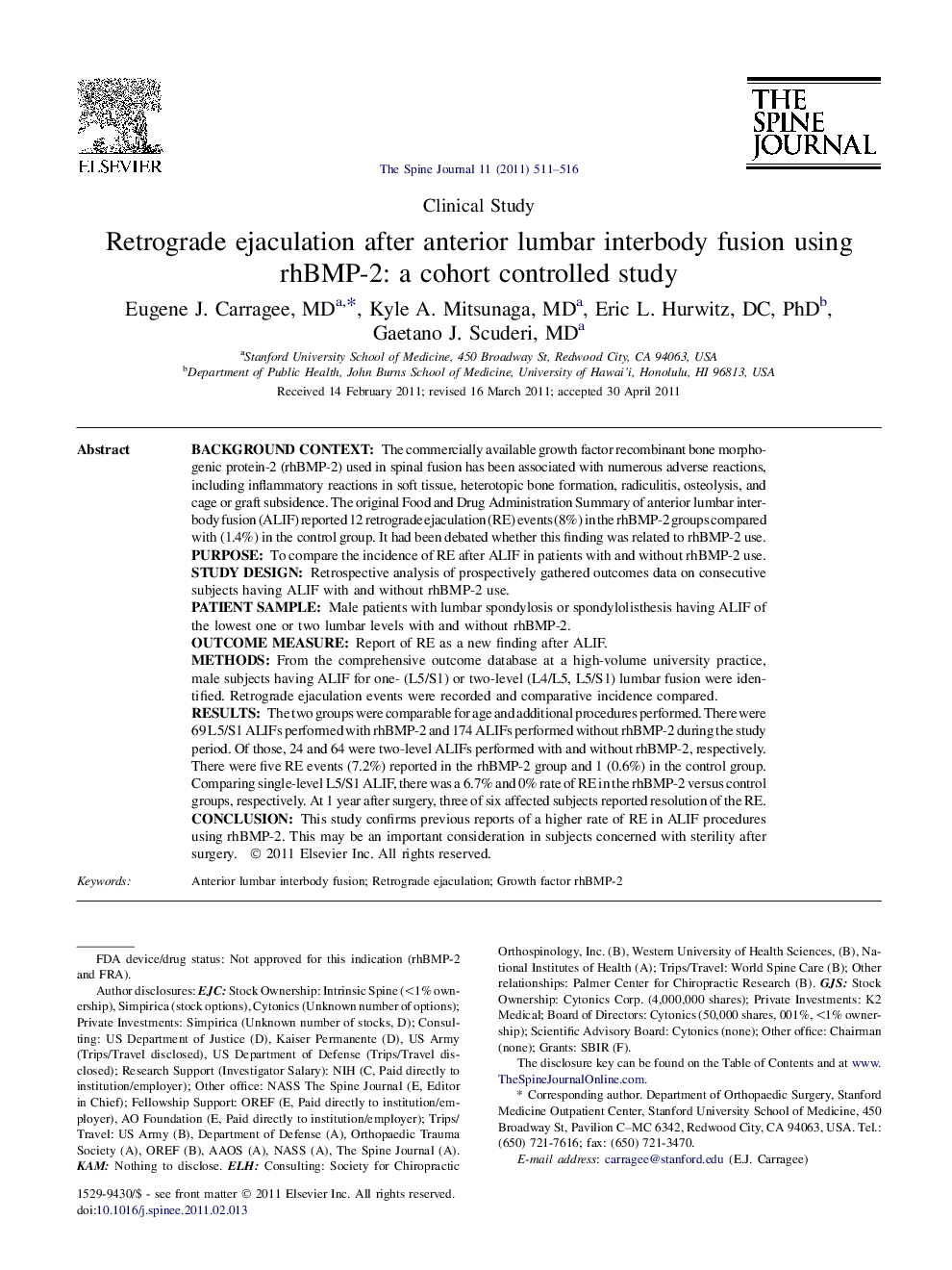 Retrograde ejaculation after anterior lumbar interbody fusion using rhBMP-2: a cohort controlled study 