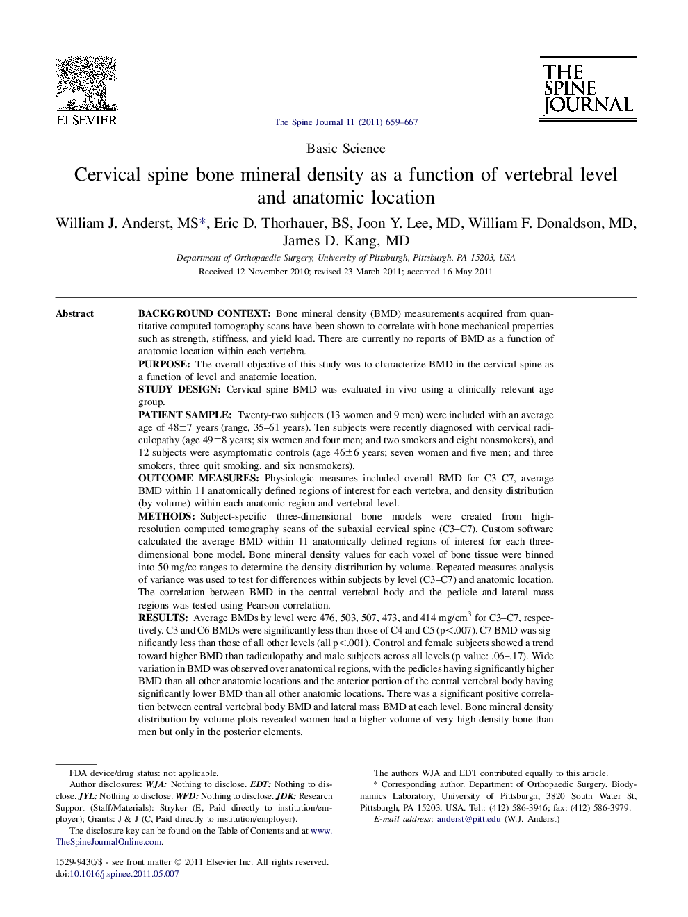 Cervical spine bone mineral density as a function of vertebral level and anatomic location 