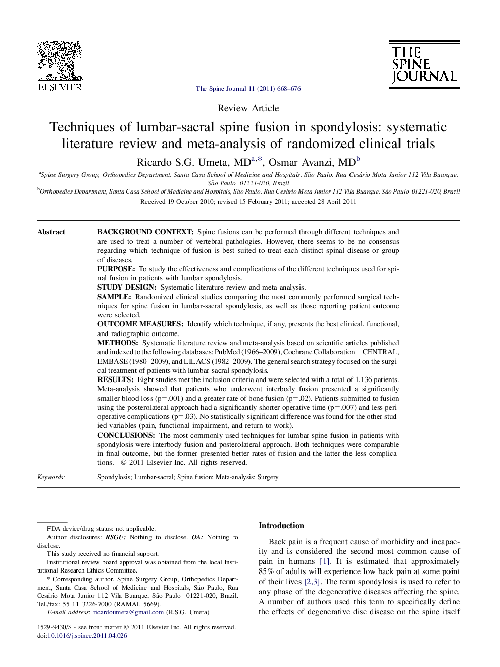 Techniques of lumbar-sacral spine fusion in spondylosis: systematic literature review and meta-analysis of randomized clinical trials 