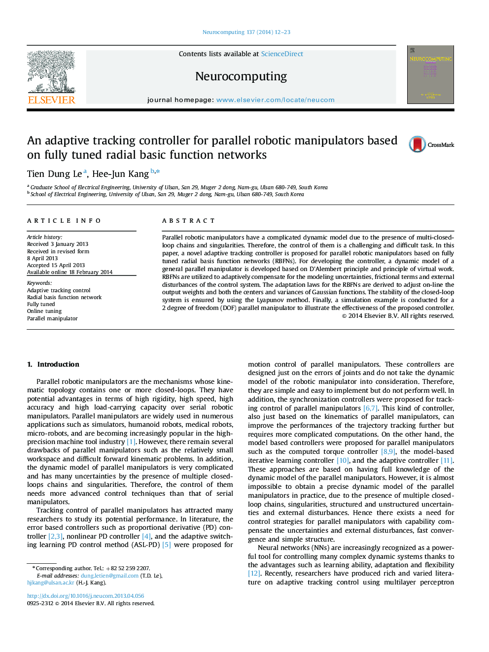 An adaptive tracking controller for parallel robotic manipulators based on fully tuned radial basic function networks