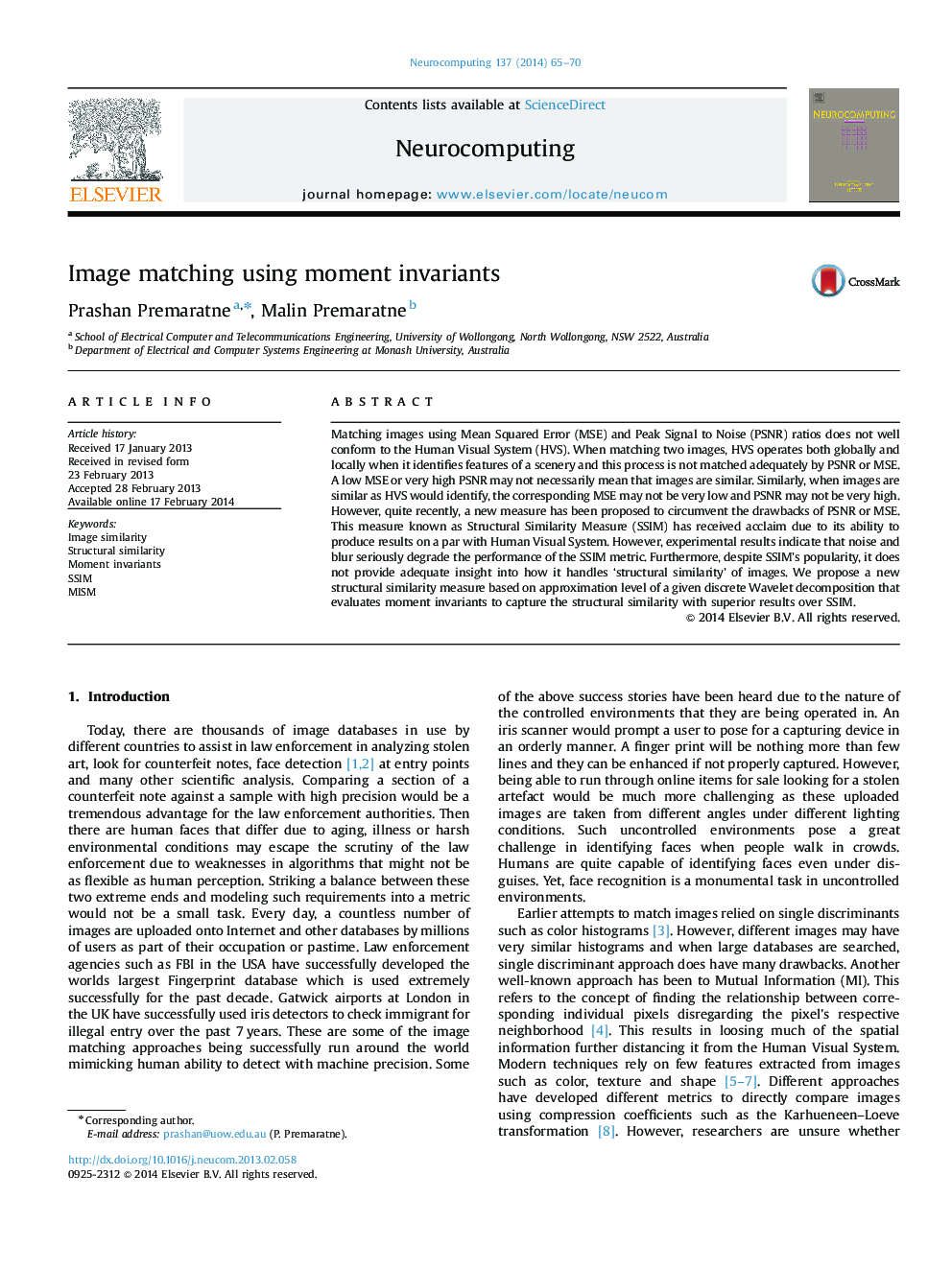 Image matching using moment invariants