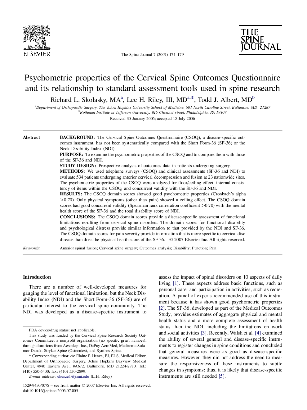 Psychometric properties of the Cervical Spine Outcomes Questionnaire and its relationship to standard assessment tools used in spine research 