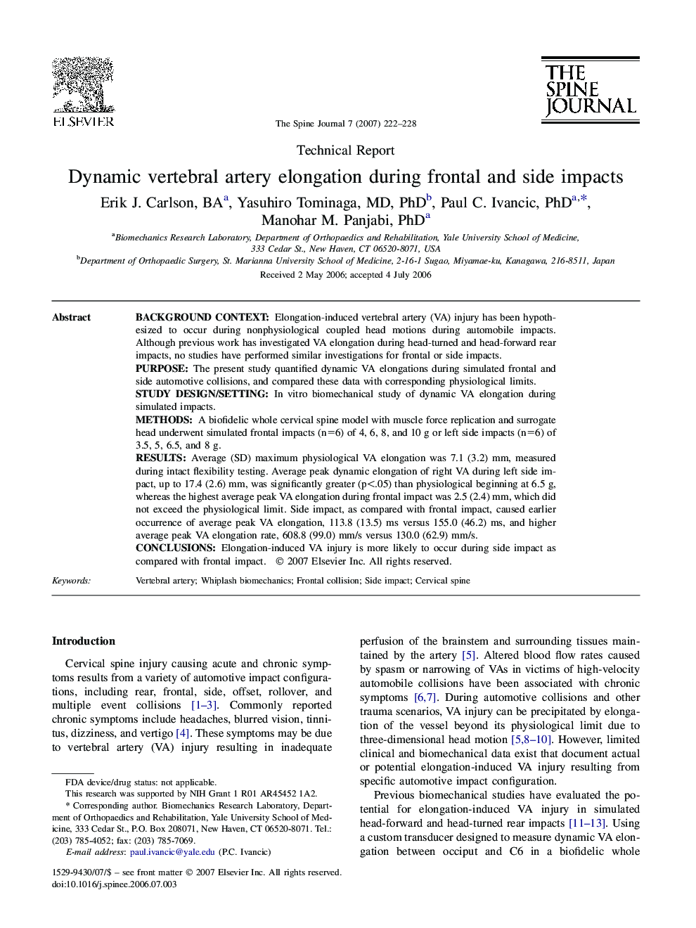 Dynamic vertebral artery elongation during frontal and side impacts 