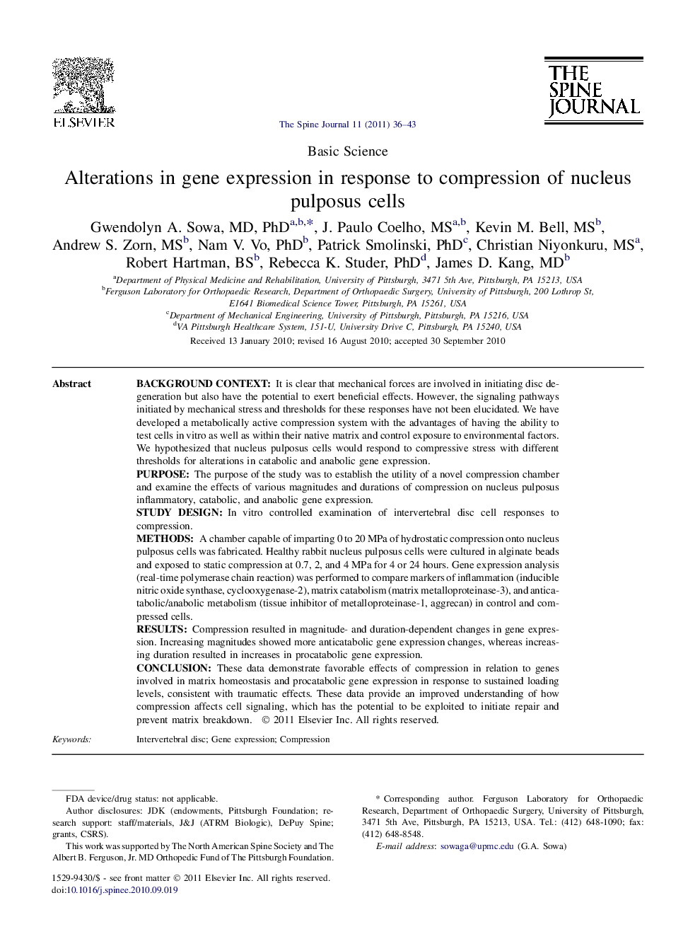 Alterations in gene expression in response to compression of nucleus pulposus cells 