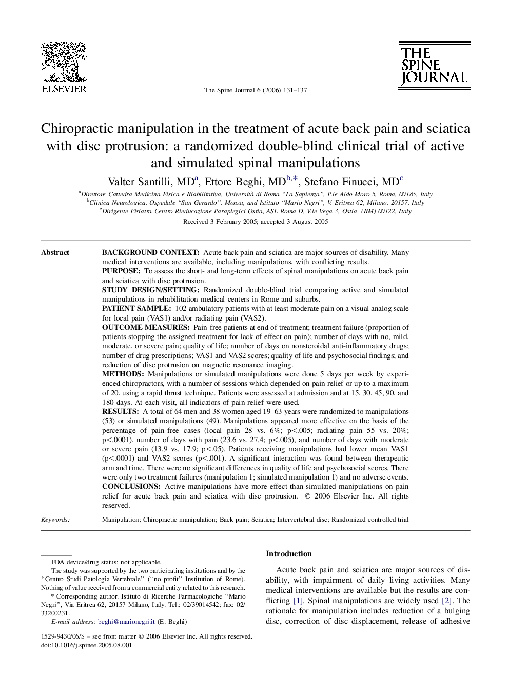 Chiropractic manipulation in the treatment of acute back pain and sciatica with disc protrusion: a randomized double-blind clinical trial of active and simulated spinal manipulations 