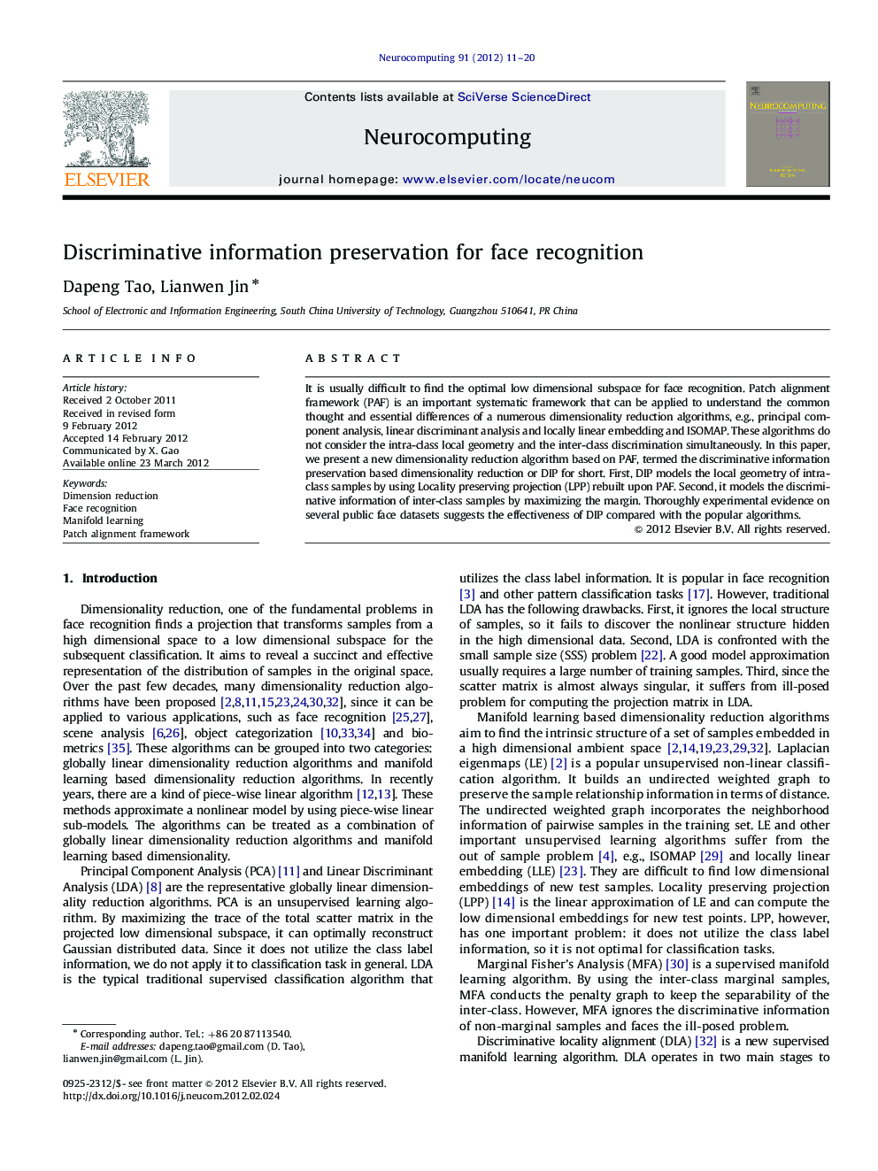 Discriminative information preservation for face recognition