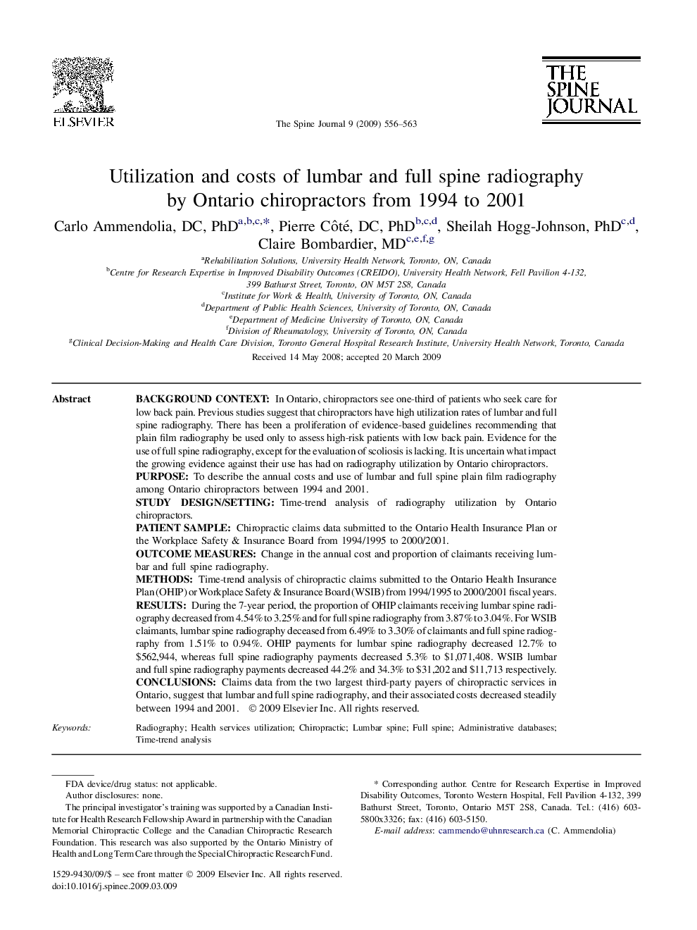 Utilization and costs of lumbar and full spine radiography by Ontario chiropractors from 1994 to 2001 