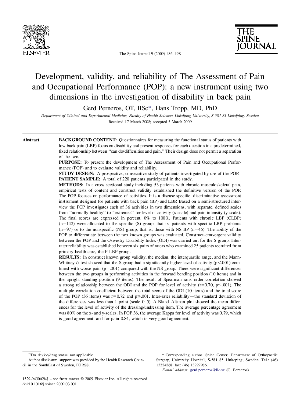 Development, validity, and reliability of The Assessment of Pain and Occupational Performance (POP): a new instrument using two dimensions in the investigation of disability in back pain 