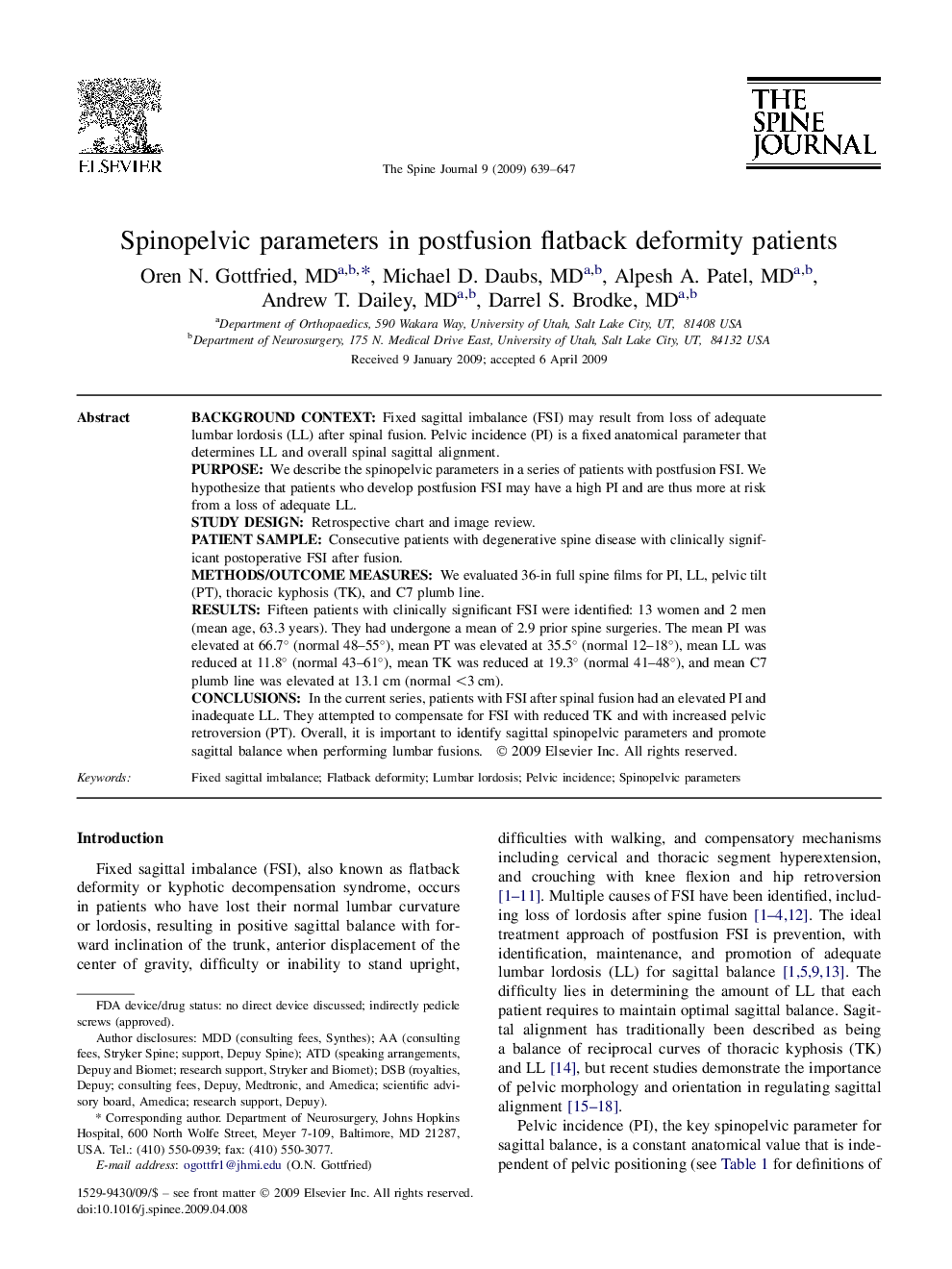 Spinopelvic parameters in postfusion flatback deformity patients 