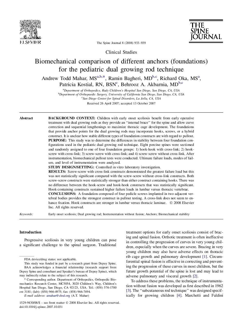 Biomechanical comparison of different anchors (foundations) for the pediatric dual growing rod technique 