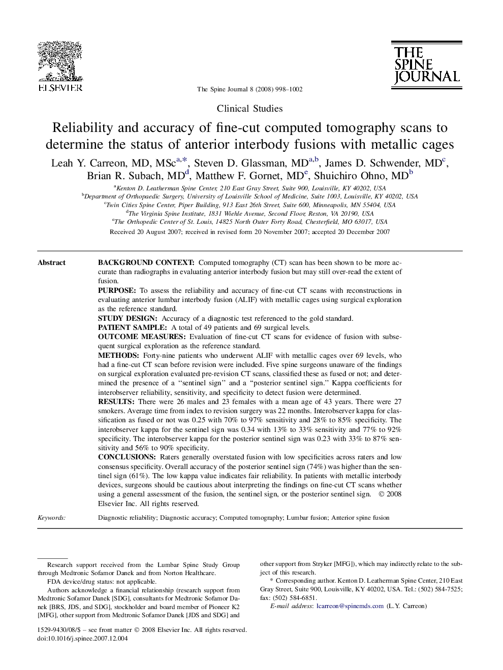 Reliability and accuracy of fine-cut computed tomography scans to determine the status of anterior interbody fusions with metallic cages 