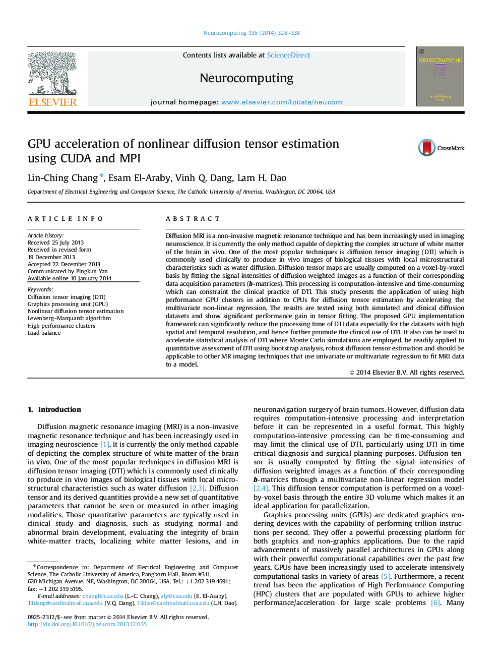 GPU acceleration of nonlinear diffusion tensor estimation using CUDA and MPI