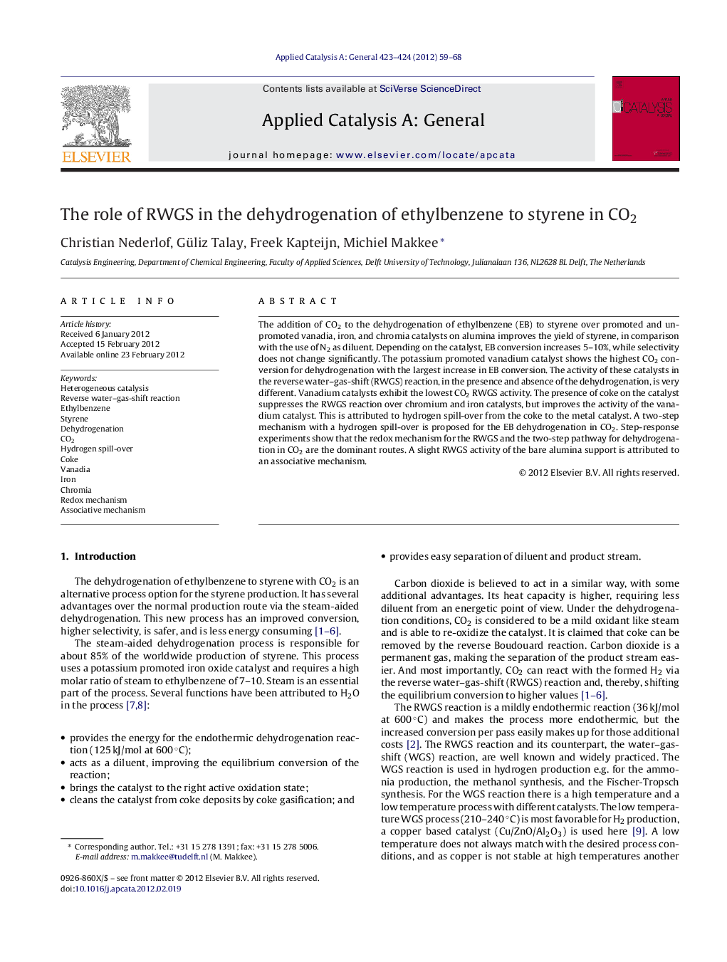 The role of RWGS in the dehydrogenation of ethylbenzene to styrene in CO2