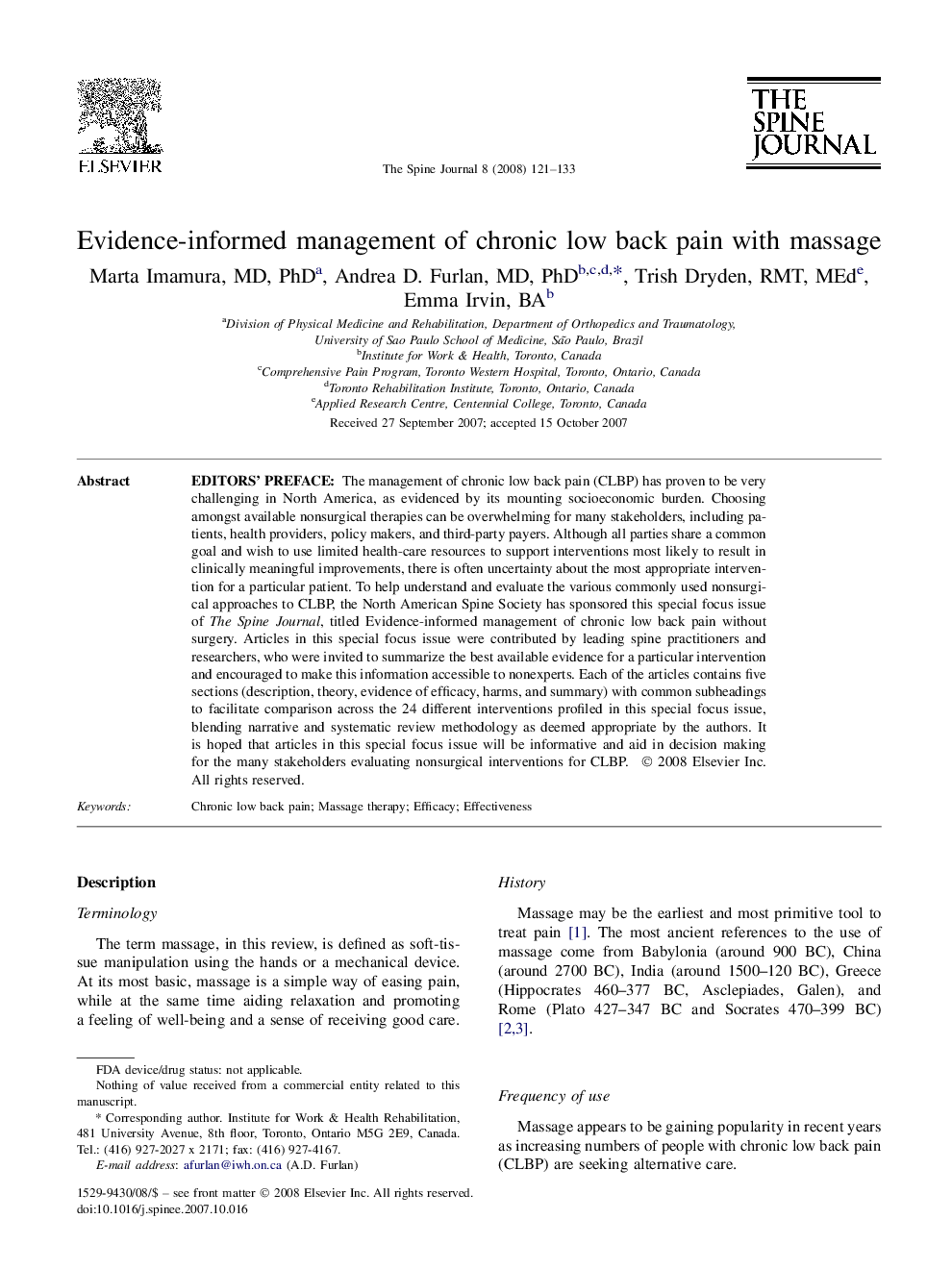 Evidence-informed management of chronic low back pain with massage 