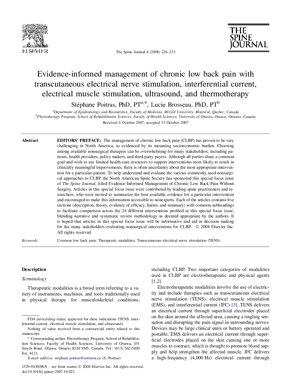 Evidence-informed management of chronic low back pain with transcutaneous electrical nerve stimulation, interferential current, electrical muscle stimulation, ultrasound, and thermotherapy 