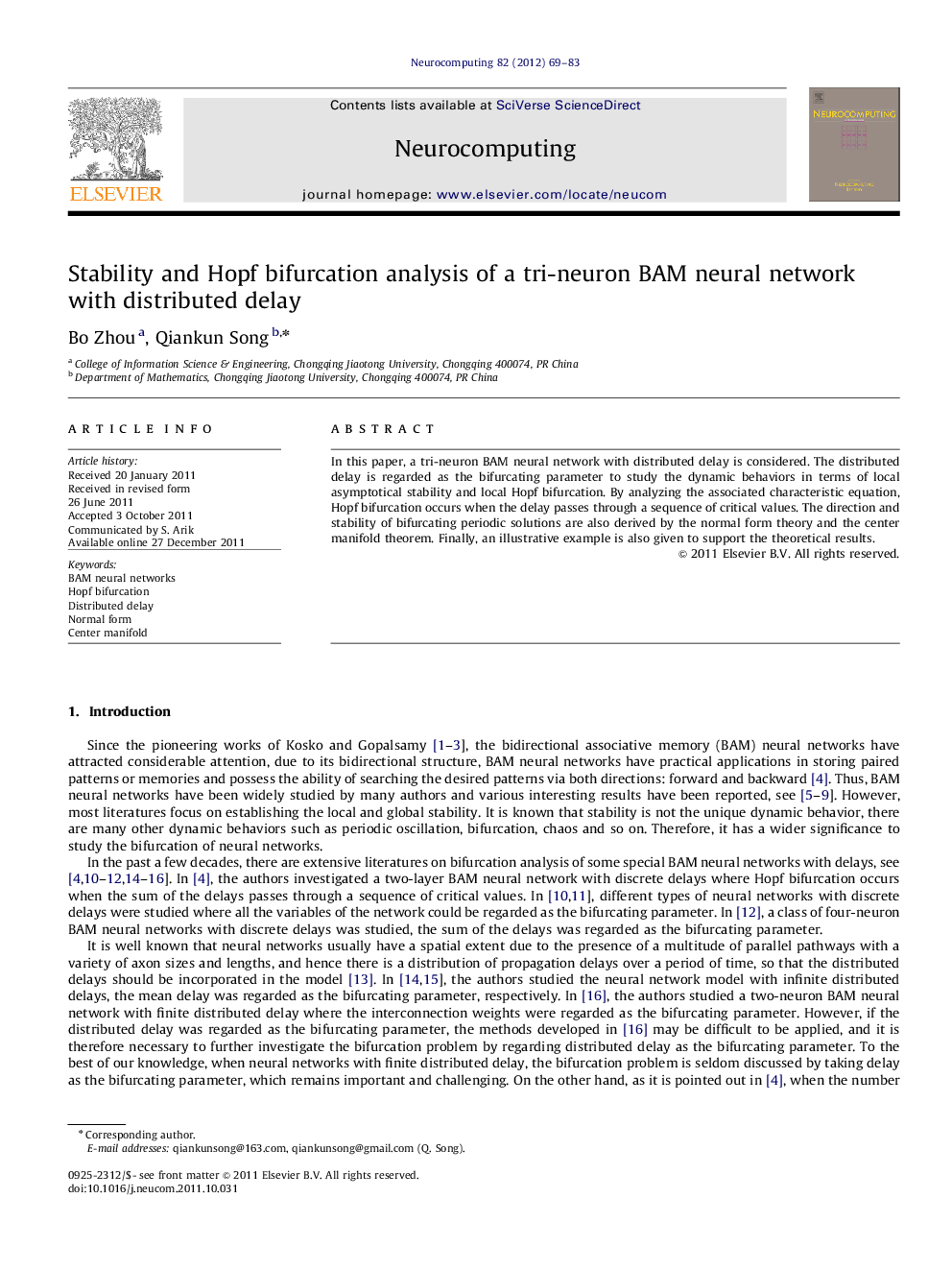 Stability and Hopf bifurcation analysis of a tri-neuron BAM neural network with distributed delay