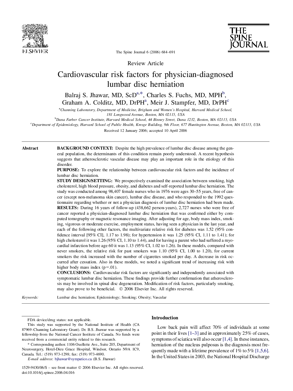 Cardiovascular risk factors for physician-diagnosed lumbar disc herniation 