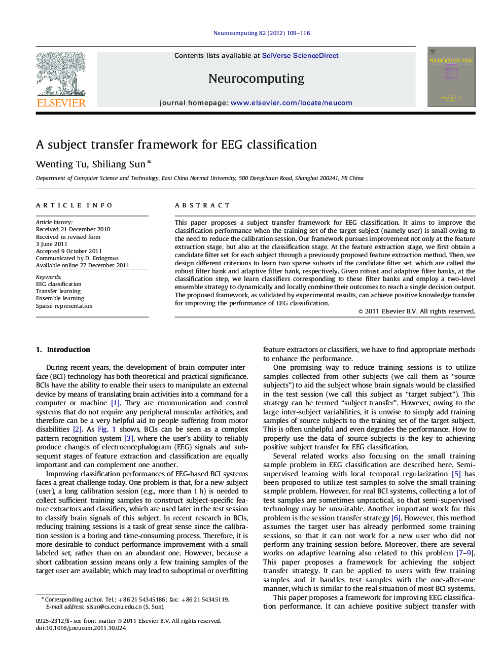 A subject transfer framework for EEG classification