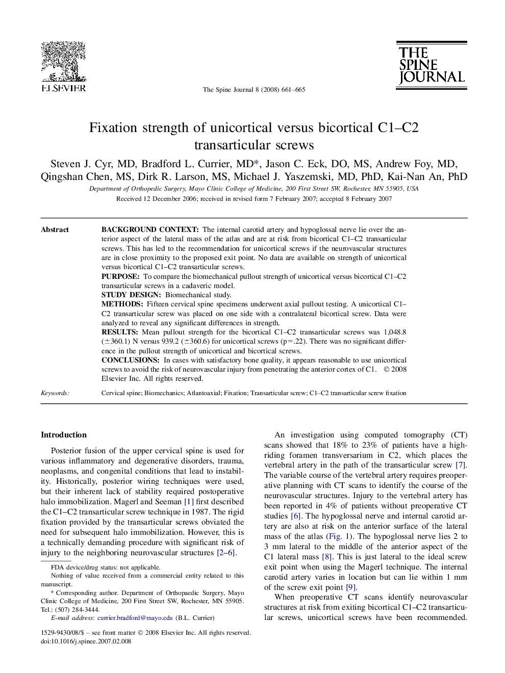 Fixation strength of unicortical versus bicortical C1–C2 transarticular screws 