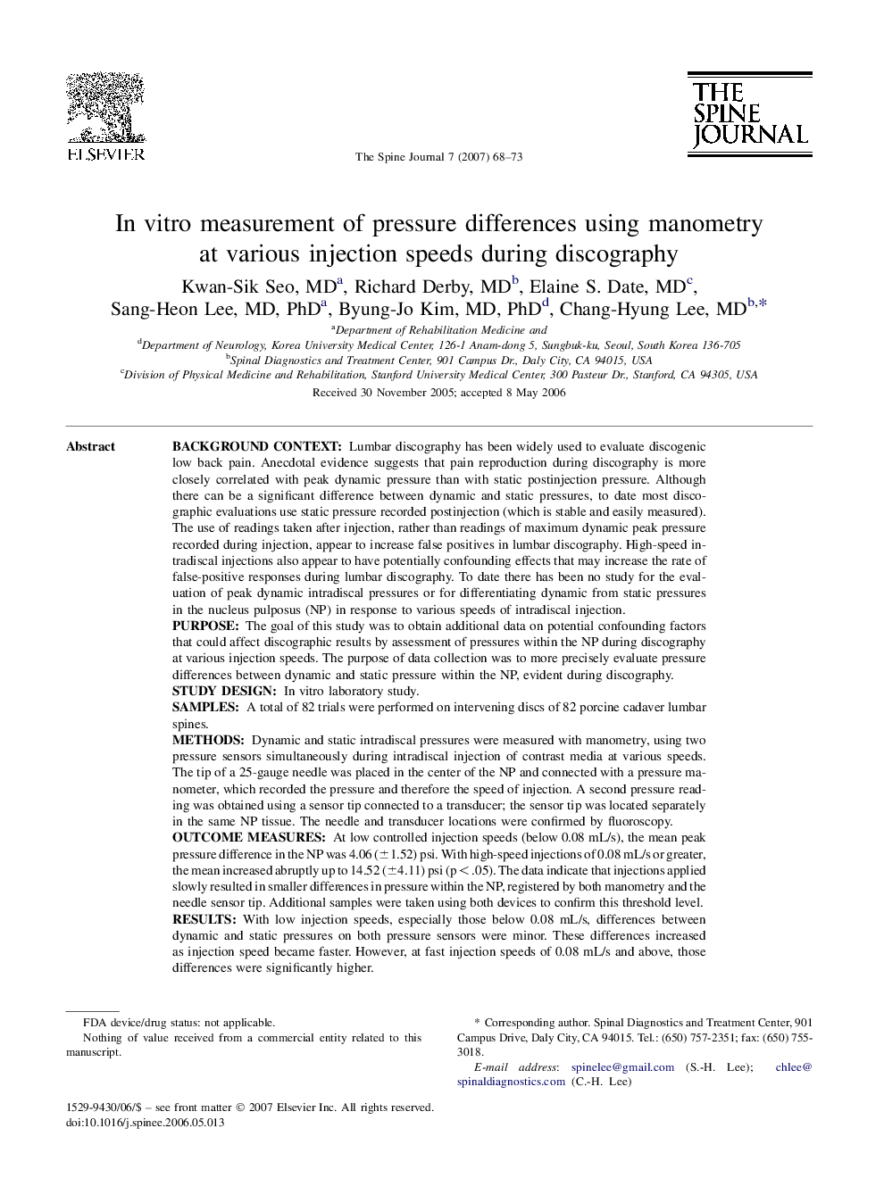 In vitro measurement of pressure differences using manometry at various injection speeds during discography 