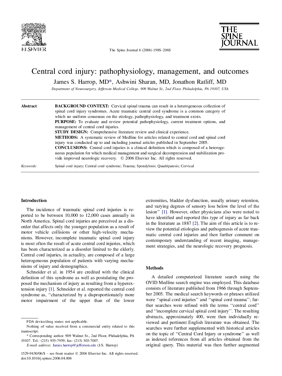 Central cord injury: pathophysiology, management, and outcomes 