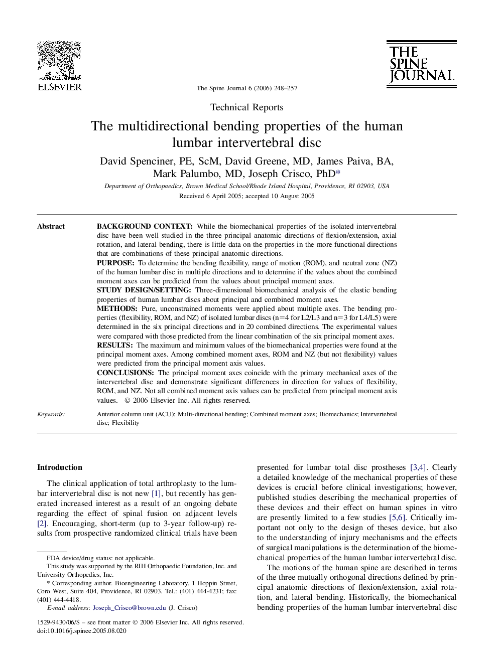 The multidirectional bending properties of the human lumbar intervertebral disc 