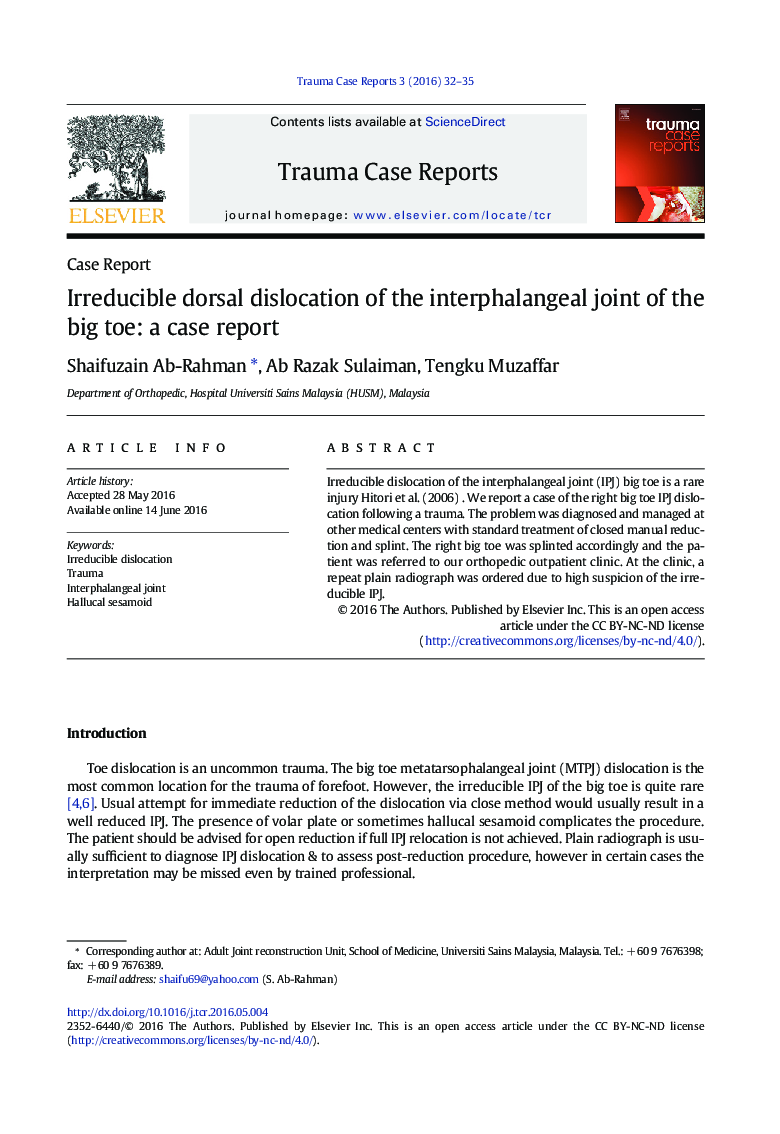 Irreducible dorsal dislocation of the interphalangeal joint of the big toe: a case report