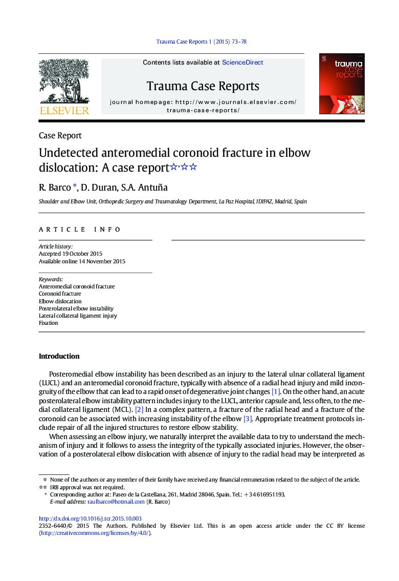 Undetected anteromedial coronoid fracture in elbow dislocation: A case report