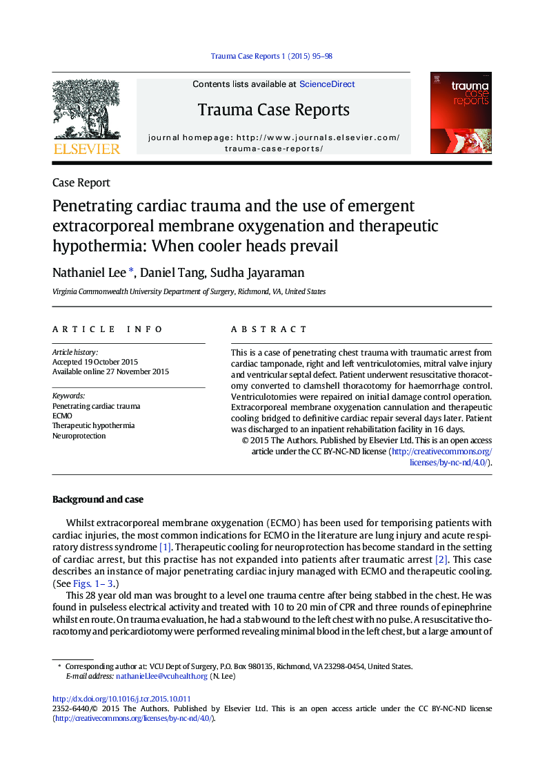 Penetrating cardiac trauma and the use of emergent extracorporeal membrane oxygenation and therapeutic hypothermia: When cooler heads prevail