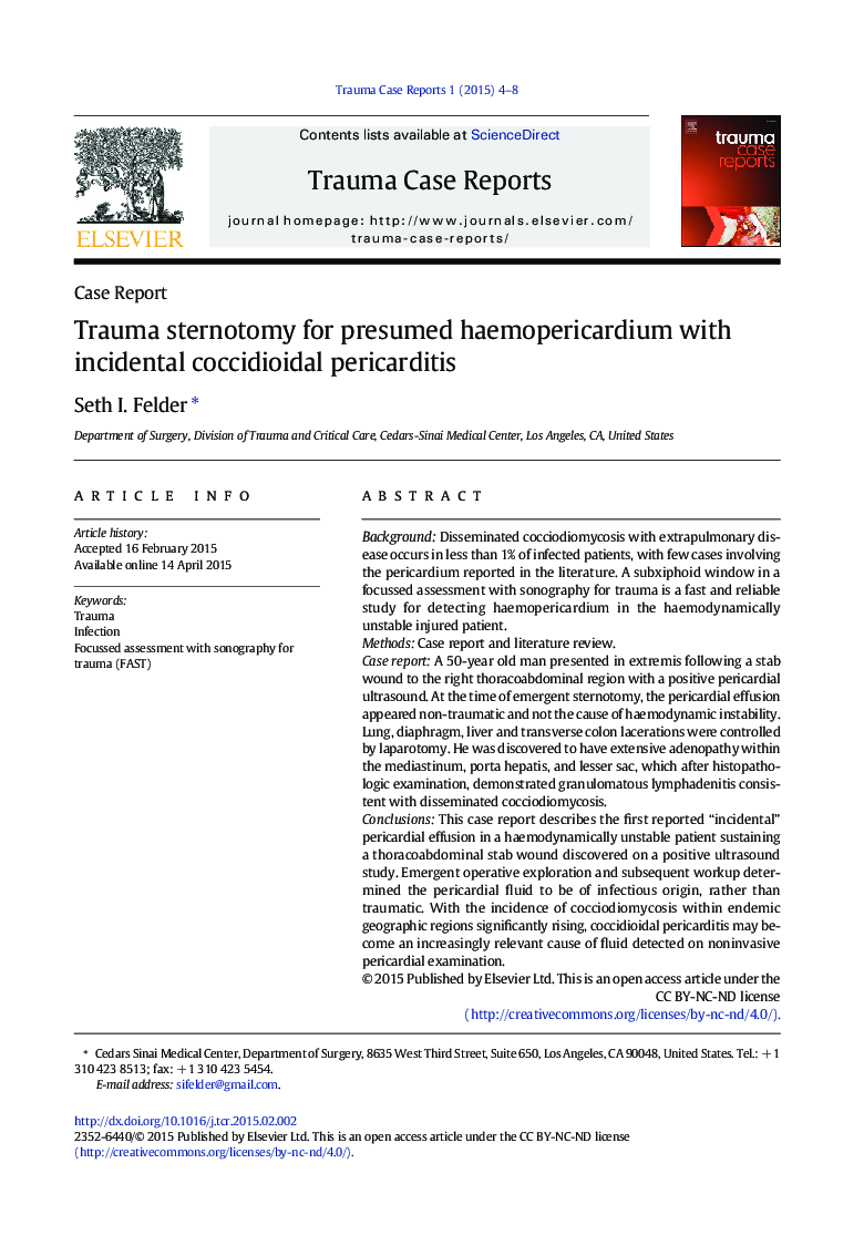 عکس صفحه اول مقاله: Trauma sternotomy for presumed haemopericardium with incidental coccidioidal pericarditis Trauma sternotomy for presumed haemopericardium with incidental coccidioidal pericarditis